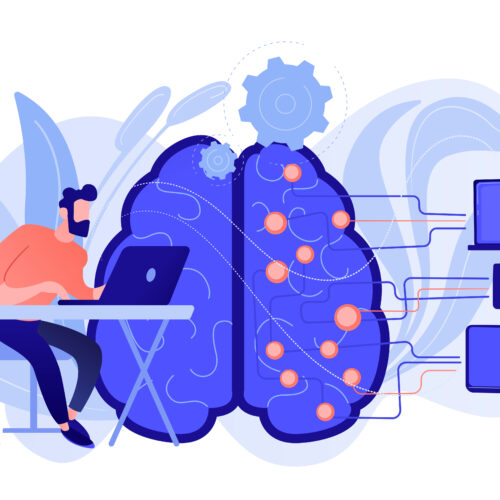 Gráfico de un cerebro y una persona en un portátil, utilizando apps de IA