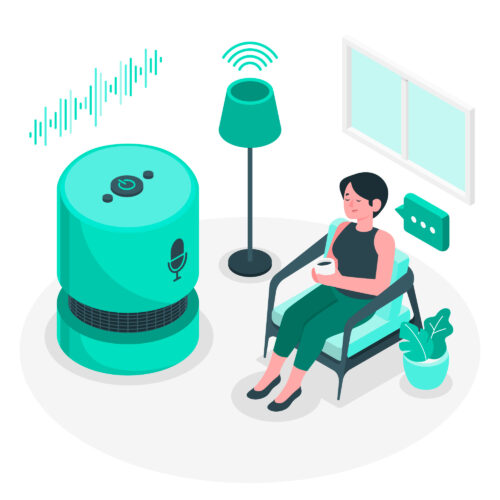 Gráfico de una persona en la sala utilizando inteligencia artificial del asistente virtual Alexa