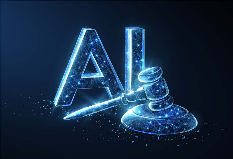 Inteligencia artificial con un mazo de ley, en cumplimiento del AI Act de la Unión Europea