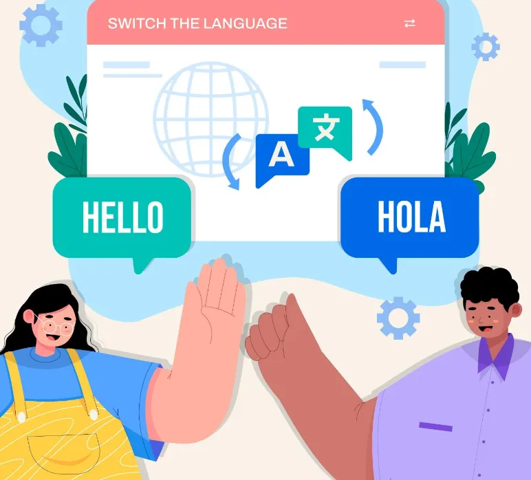 Dibujo de alumnos bilingües hablando en inglés y español