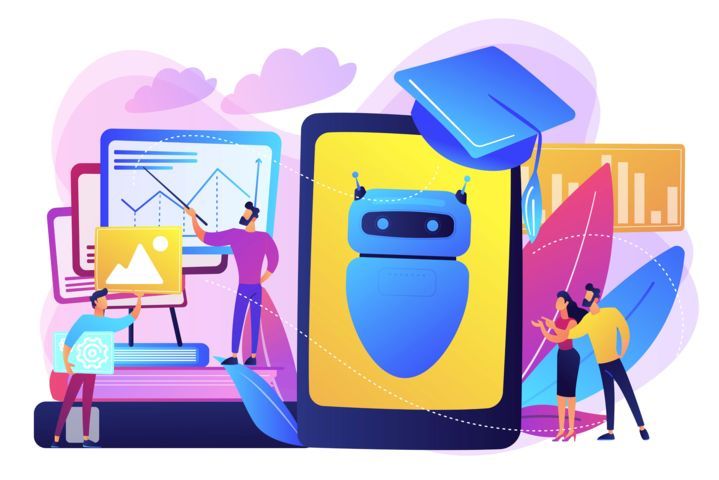 Caricatura personas utilizando redes sociales e inteligencia artificial como símbolo de la alfabetización en IA