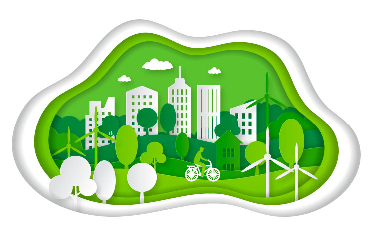 Dibujo ciudad verde y limpia con edificios blancos representando la sostenibilidad