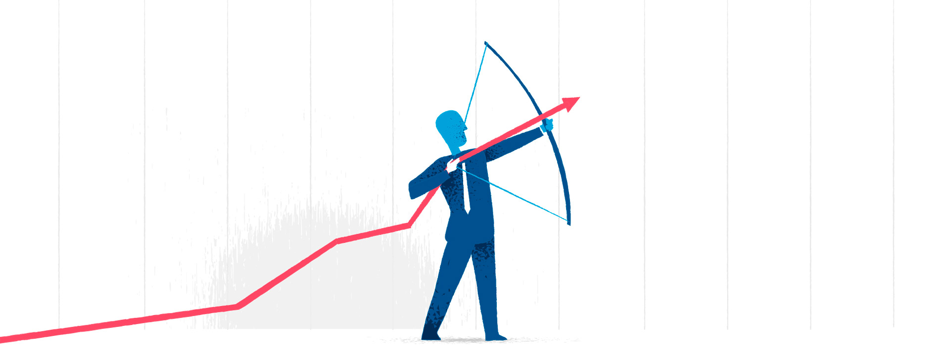 dibujo de hombre de negocios con traje con un arco para lanzar flecha hacia lo alto simulando una gráfica ascendente representando el crecimiento de una empresa.