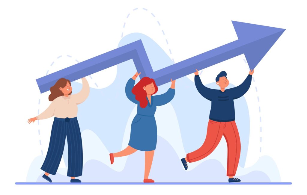 Dibujo de equipo de trabajo haciendo crecer una empresa