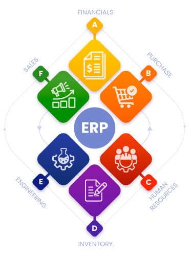 Infografía con el alcance de un ERP SAP para la empresas, conectando las áreas financiera, ventas, compras, ingeniería, inventario y rr hh.
