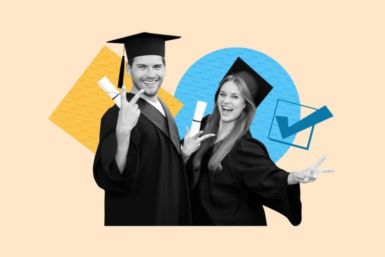 Dos personas graduadas comparando máster oficial y máster propio con diploma