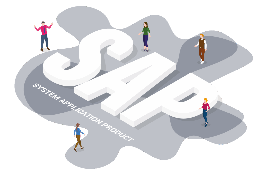 Ilustracion con un escrito que pone SAP y personas caminando