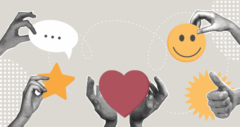Montaje de manos sujetando emoticonos y haciendo gestos