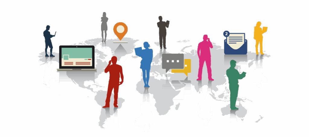 Iconos de profesionales encima de un mapamundi simbolizando la internacionalización de su empresa