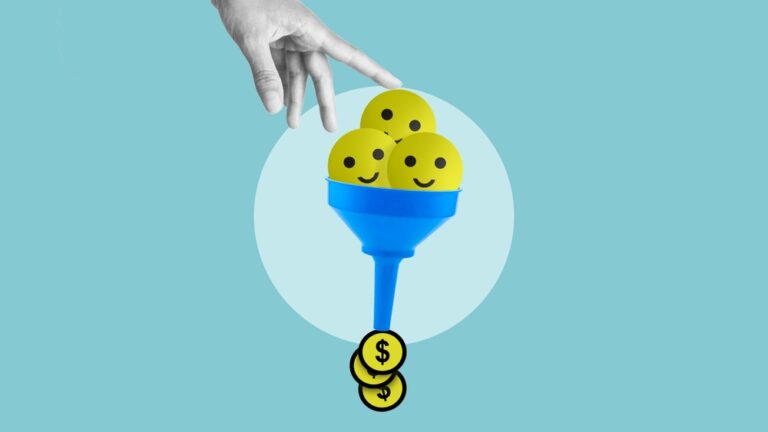Ilustración conceptual de un funnel de ventas donde una mano introduce caras sonrientes en un embudo azul y salen monedas por la parte inferior