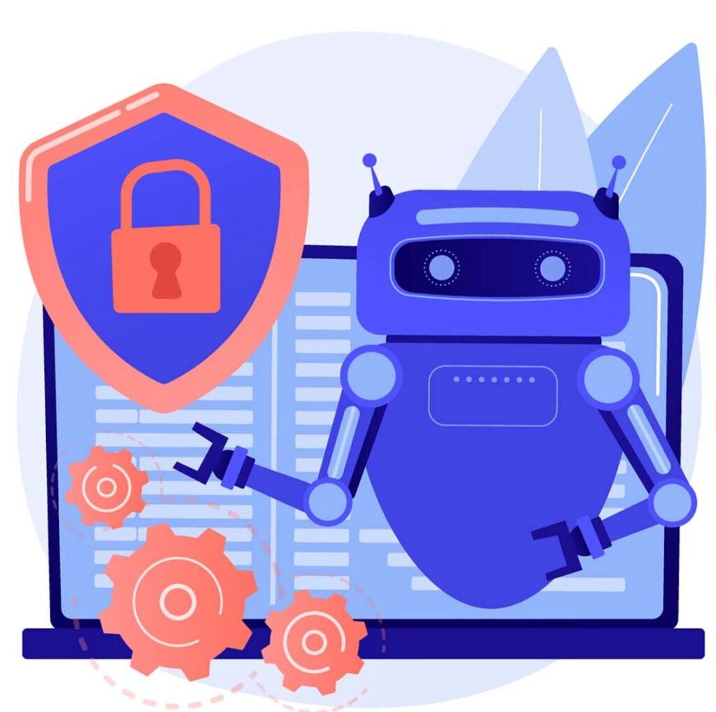 Ilustración robot azul junto con un escudo con un candado de seguridad